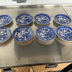 Antique Blue Willow Tea Cup Saucer Hors d'oeuvre Plate Japan Black Ink  5 5/8"
